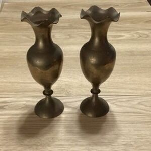 Vintage Brass Vases Set of 2 India Ruffled Rim Small Bud Vase Table Decor